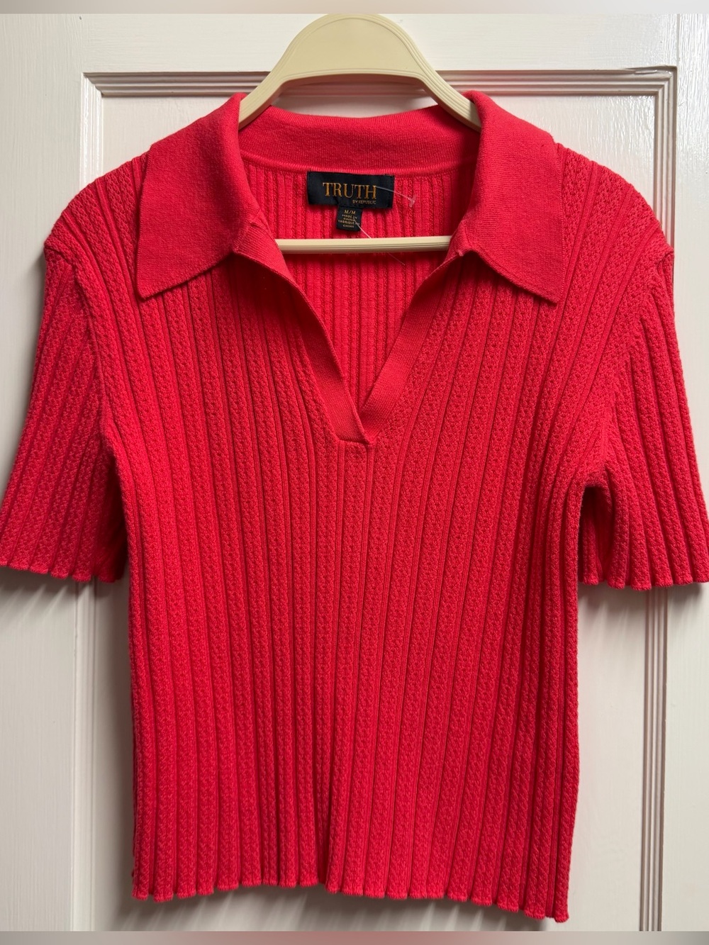 Truth by Republic Red Ribbed Knit Polo Top